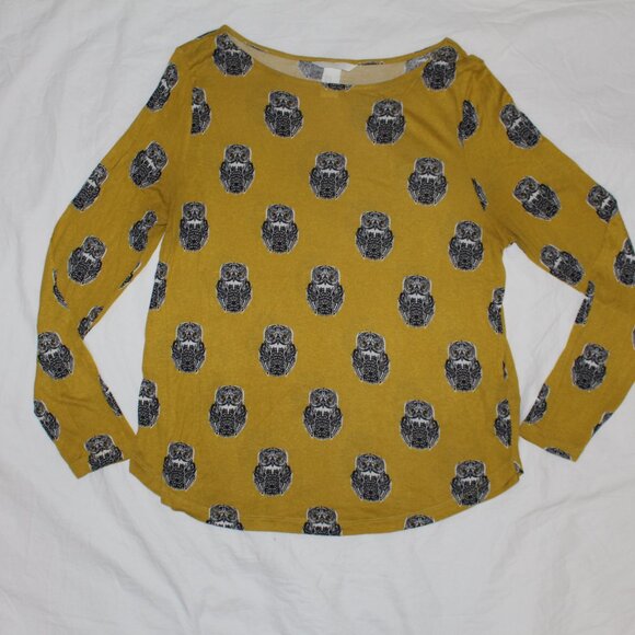 H&M Chartreuse Light Weight Long Sleeve Shirt with Black & White Owl Pattern - Picture 3 of 12
